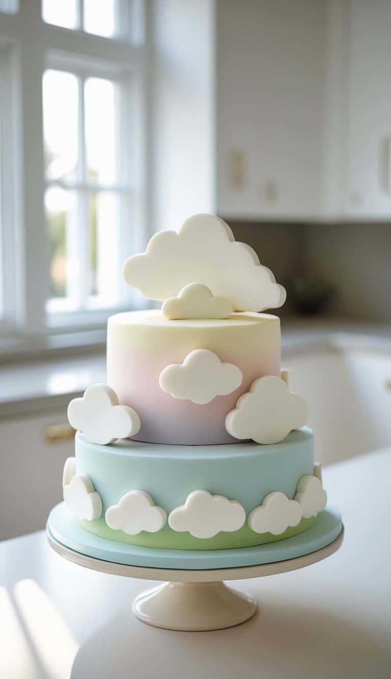 A two-tier cake decorated with white cloud-shaped modeling chocolate on a cake stand in a bright home kitchen.