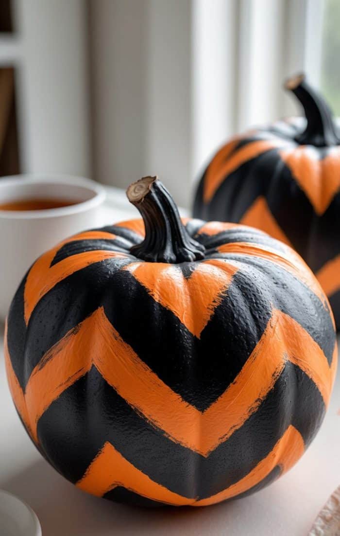 A pumpkin painted with alternating orange and black chevron stripes sits on a table next to a white cup, with another similarly decorated pumpkin in the background.