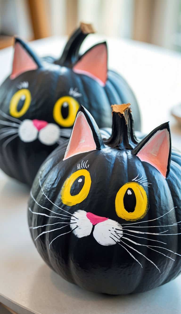Two pumpkins painted to look like black cats, with large yellow eyes, pink noses, white whiskers, and upright ears, sit on a white surface.