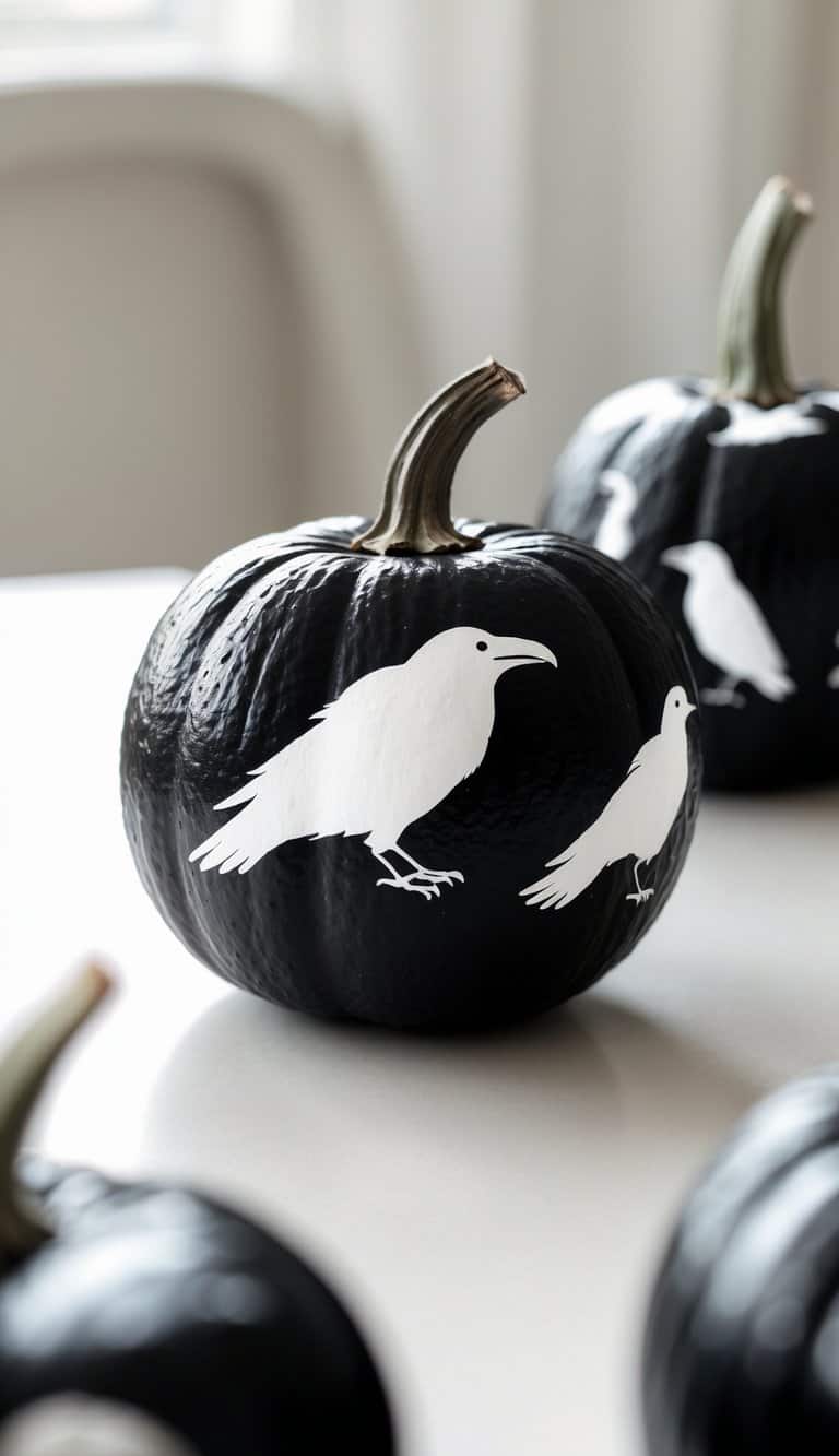A black pumpkin decorated with white silhouettes of crows sits on a white surface, with more black pumpkins featuring similar designs in the background.