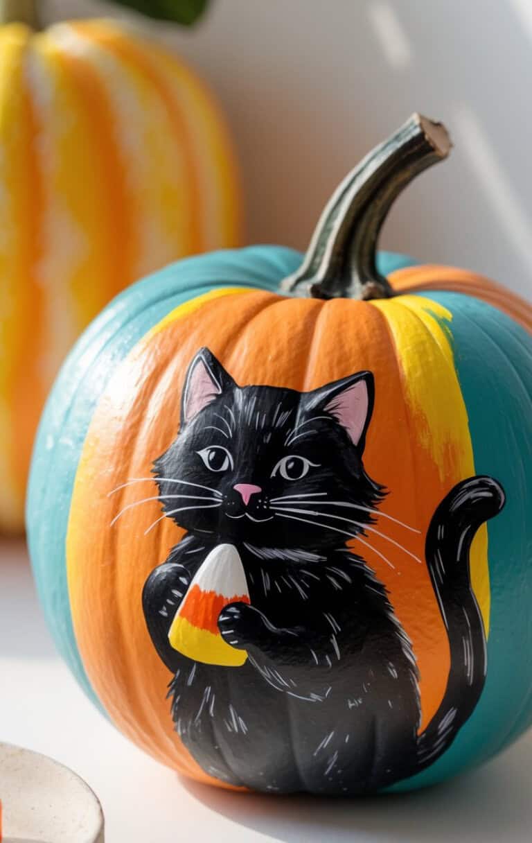 A pumpkin painted with a cute black cat holding a piece of candy corn. The background of the pumpkin is decorated with orange, yellow, and teal blue colors. Another painted pumpkin is blurred in the background.