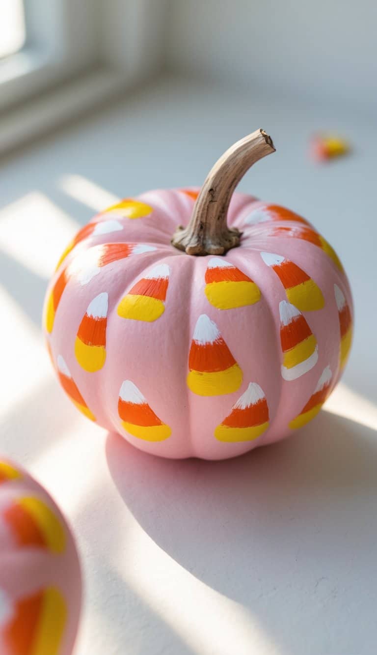 A pink pumpkin decorated with hand-painted candy corn designs in yellow, orange, and white sits on a sunlit surface near a window.