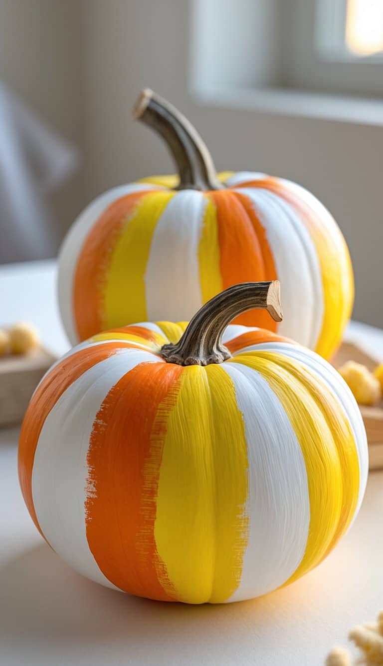 Two pumpkins are painted with vertical stripes in white, orange, and yellow, sitting on a white surface with soft natural light coming from a window in the background.