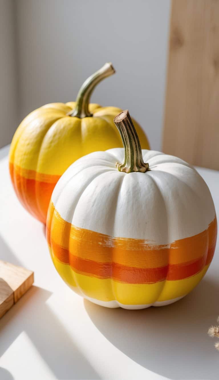 Two pumpkins are painted with horizontal stripes in white, yellow, and orange, resembling candy corn. They are placed on a white surface with sunlight streaming in, creating a bright and cheerful atmosphere.