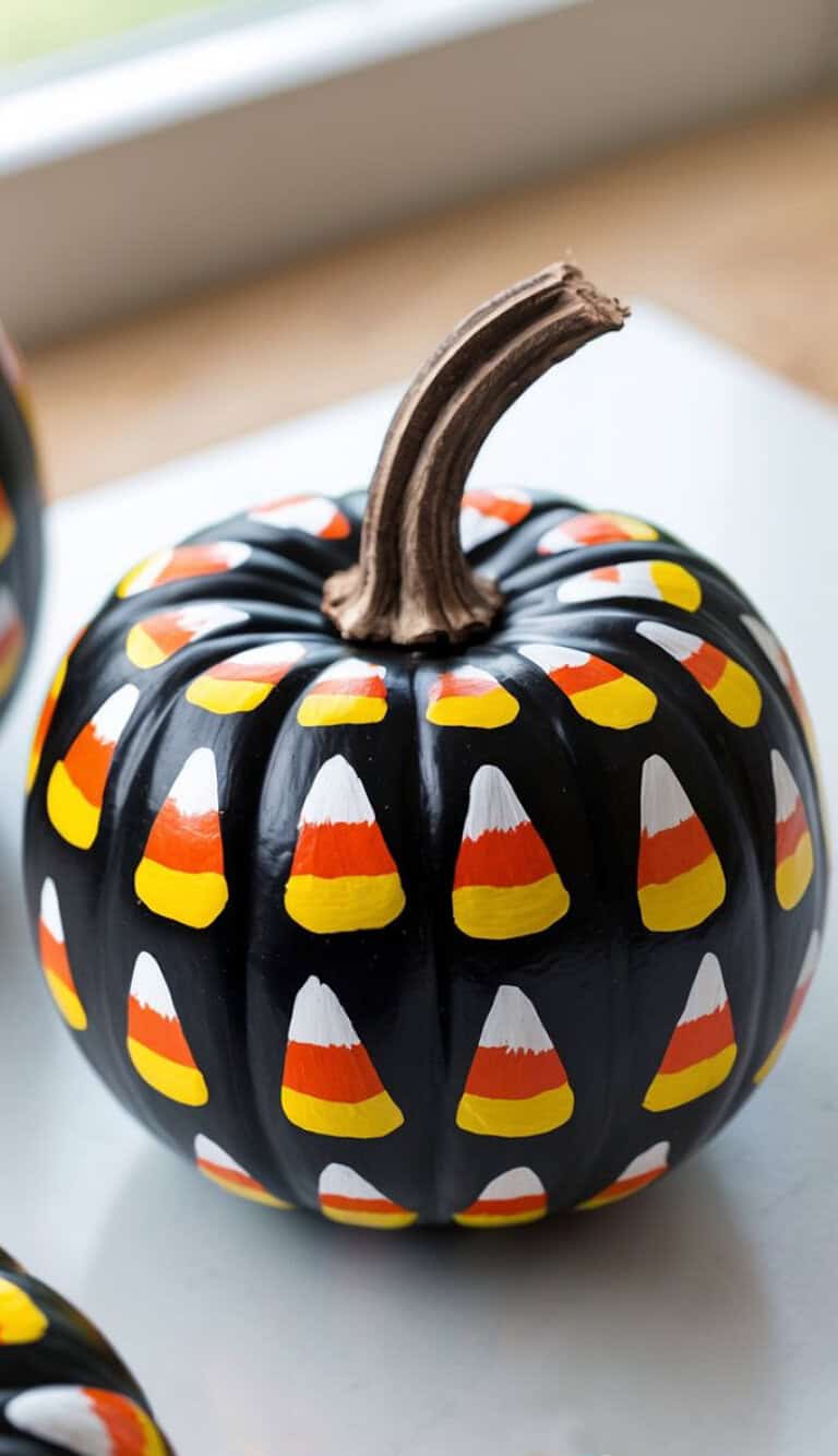 A pumpkin painted black with candy corn designs in yellow, orange, and white covering its surface, displayed on a light-colored surface.