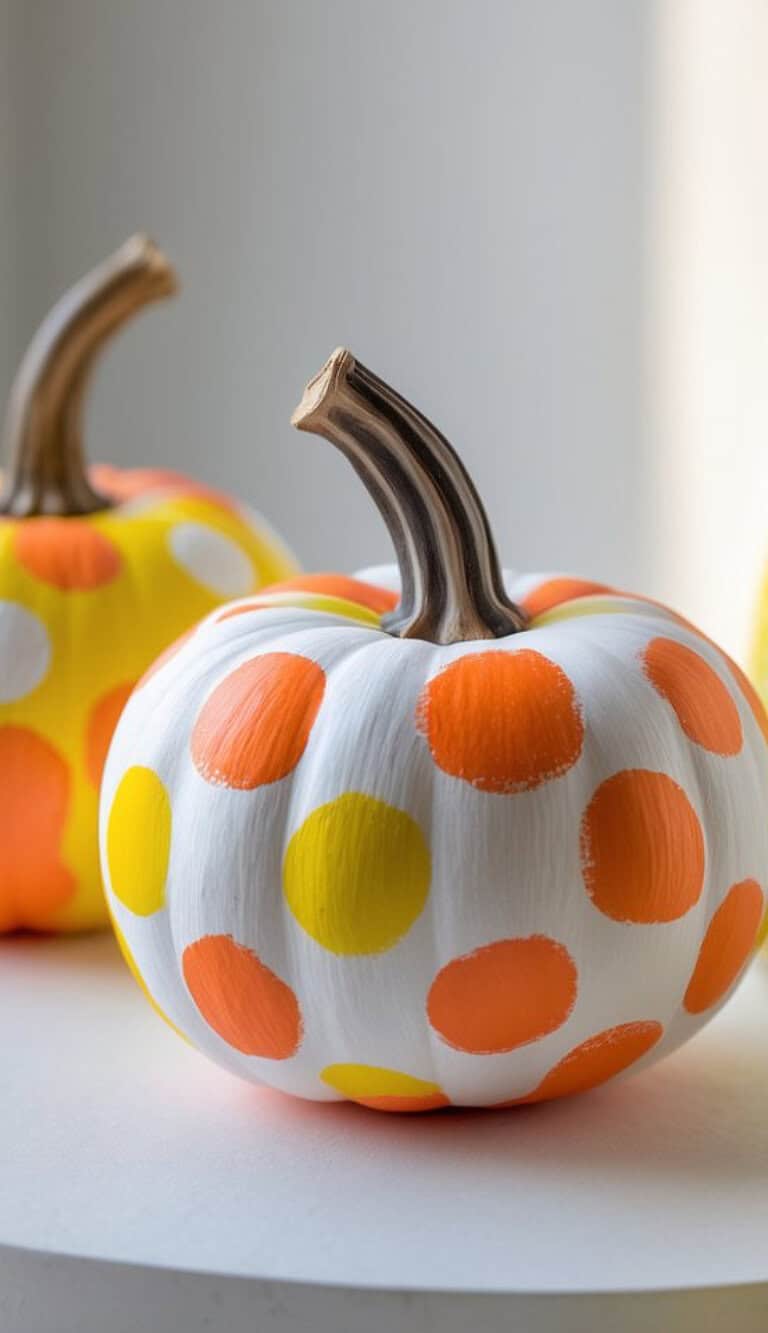 Two pumpkins painted white with large orange and yellow polka dots sit on a white surface in natural light.