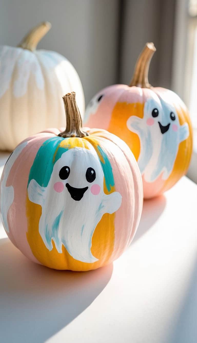 Two pumpkins painted with colorful pastel stripes and cheerful cartoon ghost faces, featuring big black eyes and rosy cheeks, are displayed on a sunlit surface.