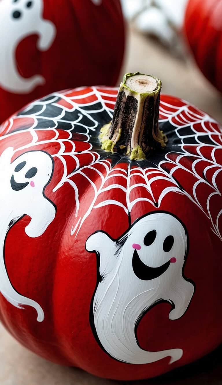 A red-painted pumpkin decorated with white ghost illustrations and a black-and-white spiderweb pattern near the stem. Another similar decorated pumpkin is partially visible in the background.