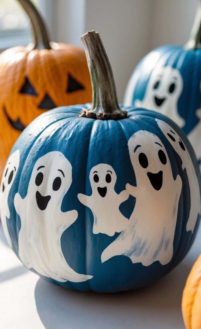 A blue pumpkin painted with white, smiling cartoon ghosts surrounded by traditional orange pumpkins, one of which has a carved jack-o’-lantern face.