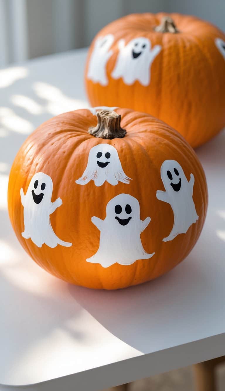 A pumpkin decorated with cute white ghost designs painted around its surface, sitting on a white table with a second, similarly decorated pumpkin in the background.