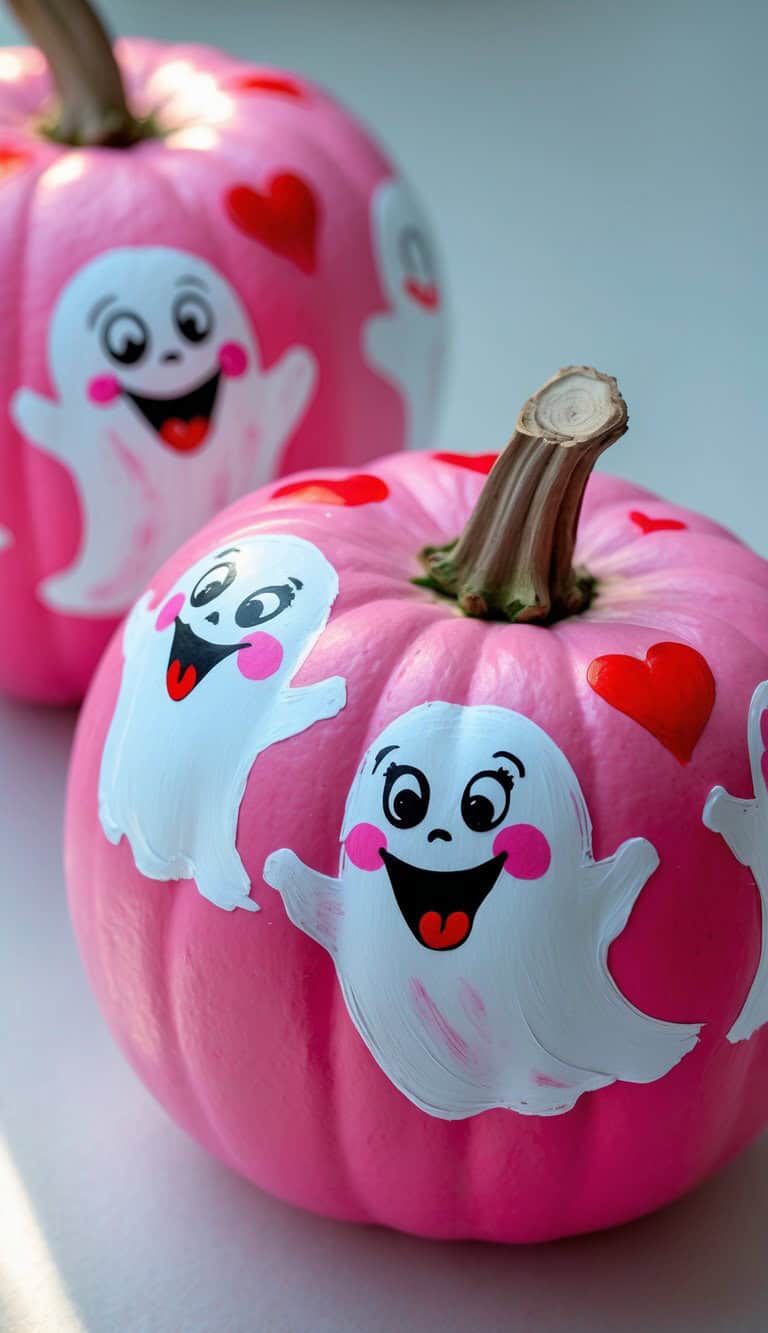 Two pink pumpkins are decorated with cheerful, cartoon-style white ghosts and red hearts painted on them. The ghosts have big eyes, pink cheeks, and wide smiles, creating a cute and festive look.