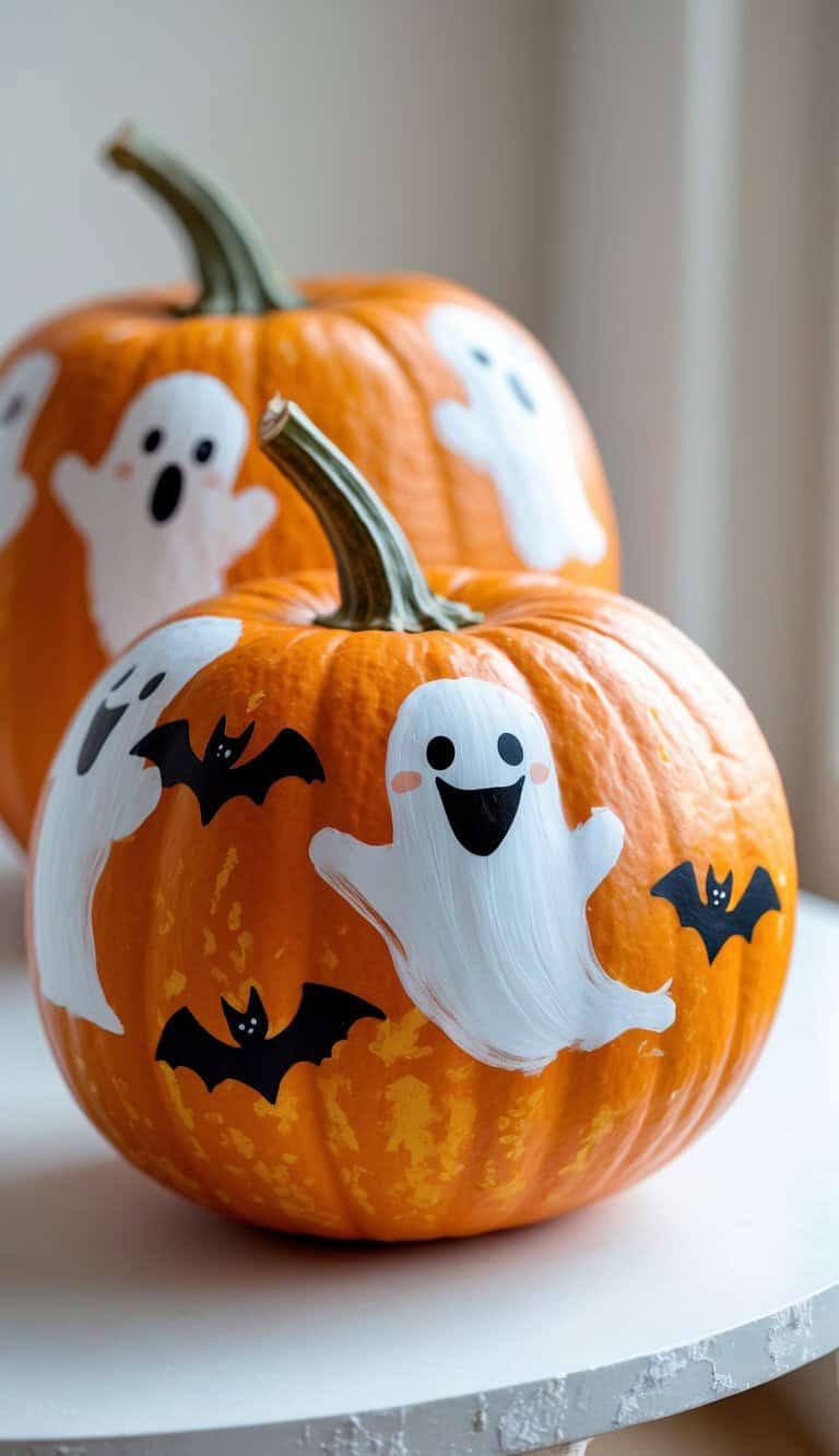 Two orange pumpkins decorated with painted white ghosts and black bats, sitting on a white surface in natural light.