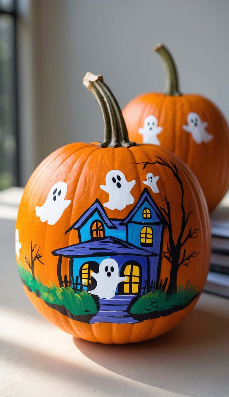 A pumpkin painted with a blue haunted house, leafless tree, green bushes, and white cartoon ghosts. Another pumpkin in the background also features painted ghosts. Both are set on a light surface indoors.