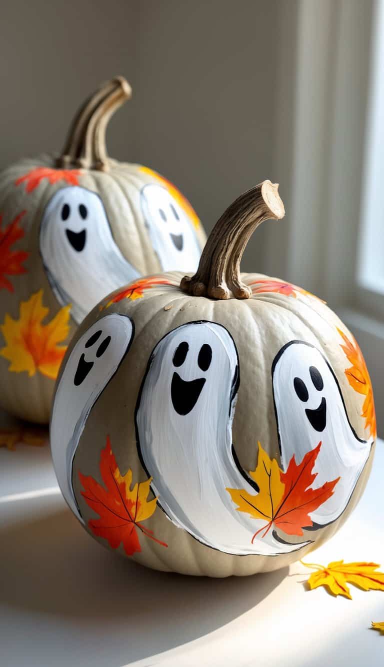 Two white pumpkins decorated with painted smiling ghosts and colorful autumn leaves, placed on a light surface by a sunlit window.