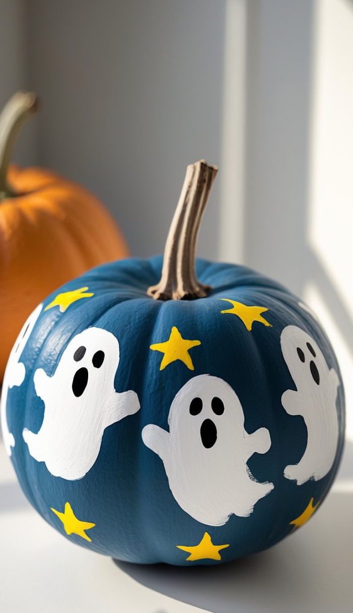A blue-painted pumpkin decorated with white ghost shapes and yellow stars, sitting in sunlight. An unpainted orange pumpkin is visible in the background.