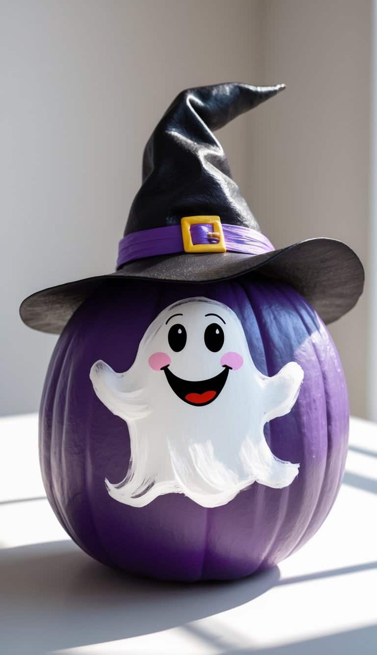 A purple pumpkin decorated with a smiling ghost face and wearing a black witch hat with a yellow buckle, sitting on a white surface in bright natural light.