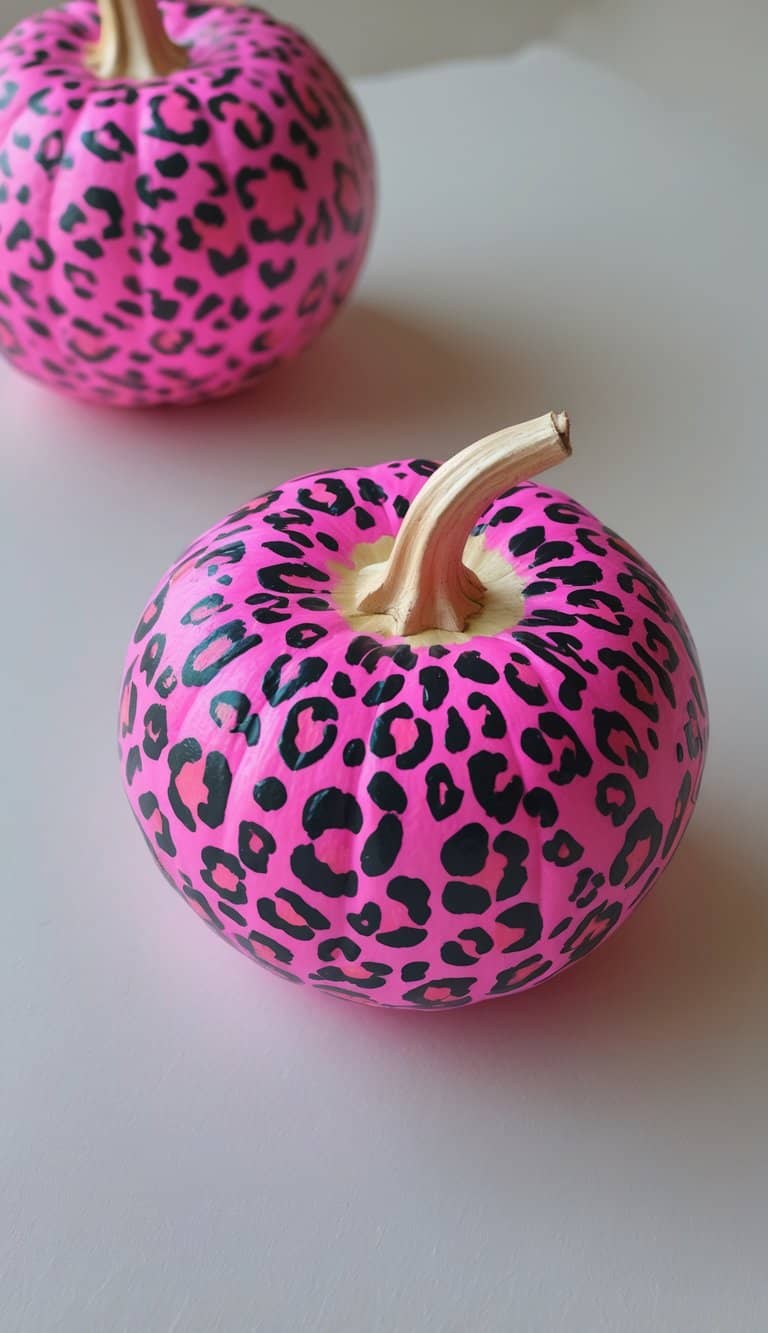 A pumpkin painted bright pink with black leopard spots sits on a light surface, with another similarly decorated pumpkin blurred in the background.