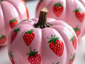 Several pumpkins painted light pink with red strawberries and green leaves are arranged on a white surface, creating a whimsical and colorful display.