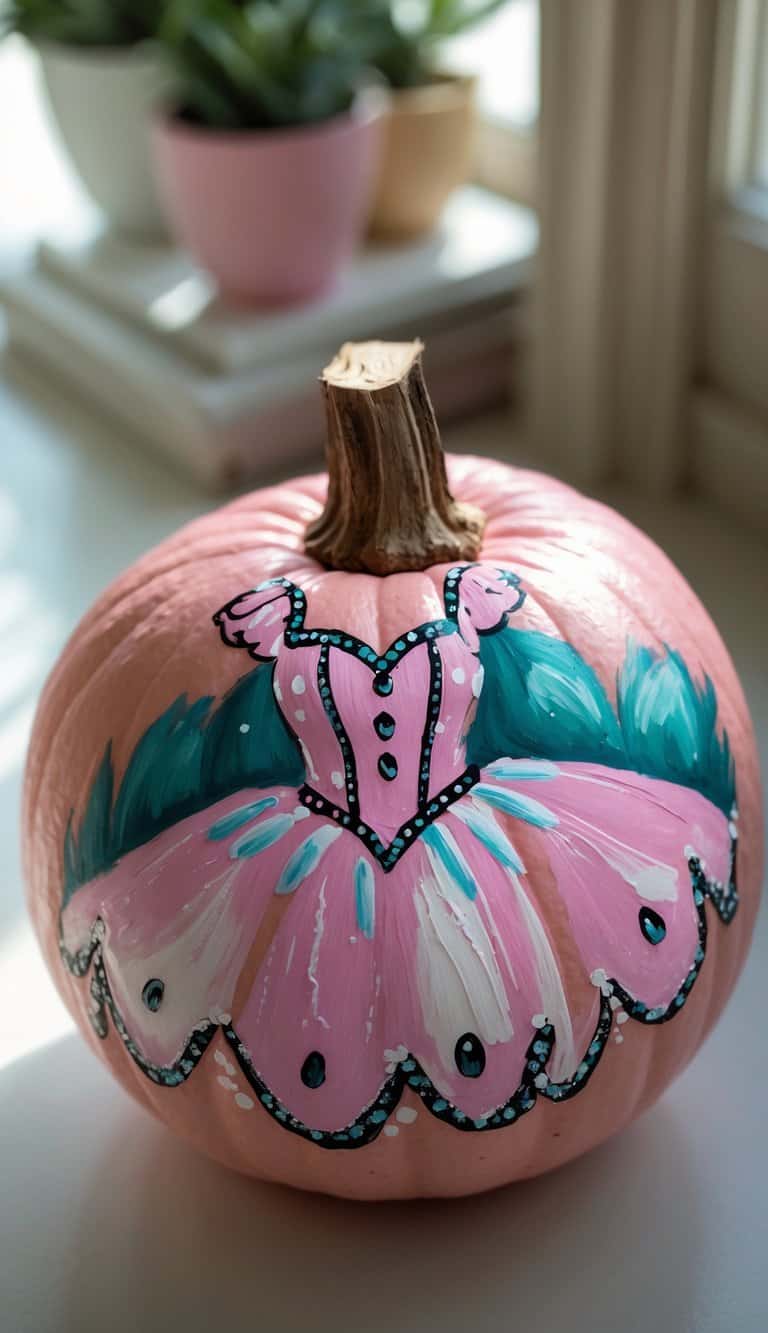 A pumpkin painted with a pink ballerina dress and teal accents sits on a windowsill, with potted plants blurred in the background.