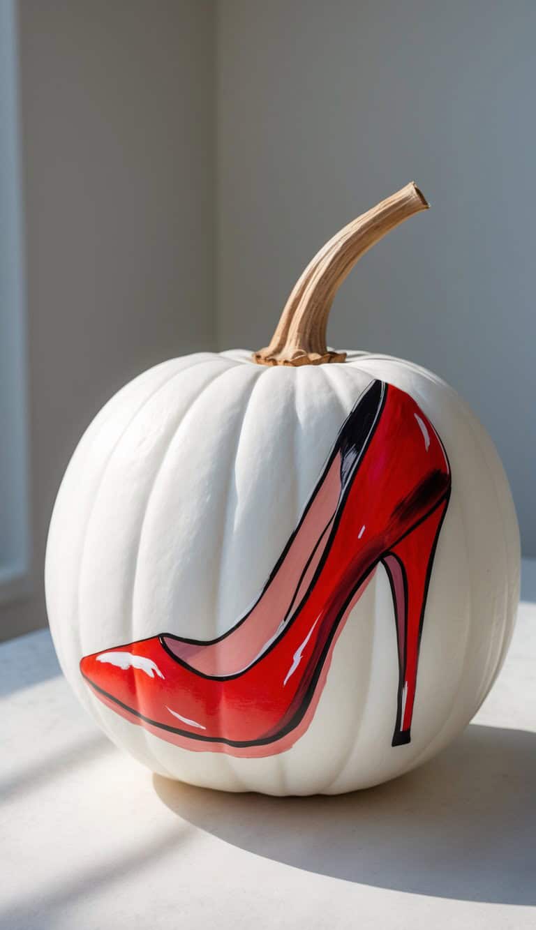 A white pumpkin with a detailed illustration of a shiny red high-heeled shoe painted on its side, displayed on a light surface with natural sunlight.