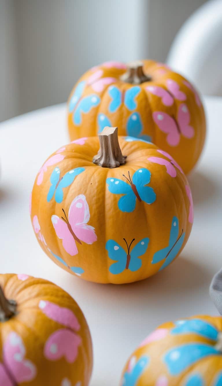 Three small pumpkins are decorated with pink and blue butterfly designs, sitting on a white surface. The pumpkins are uncarved and have their stems intact.