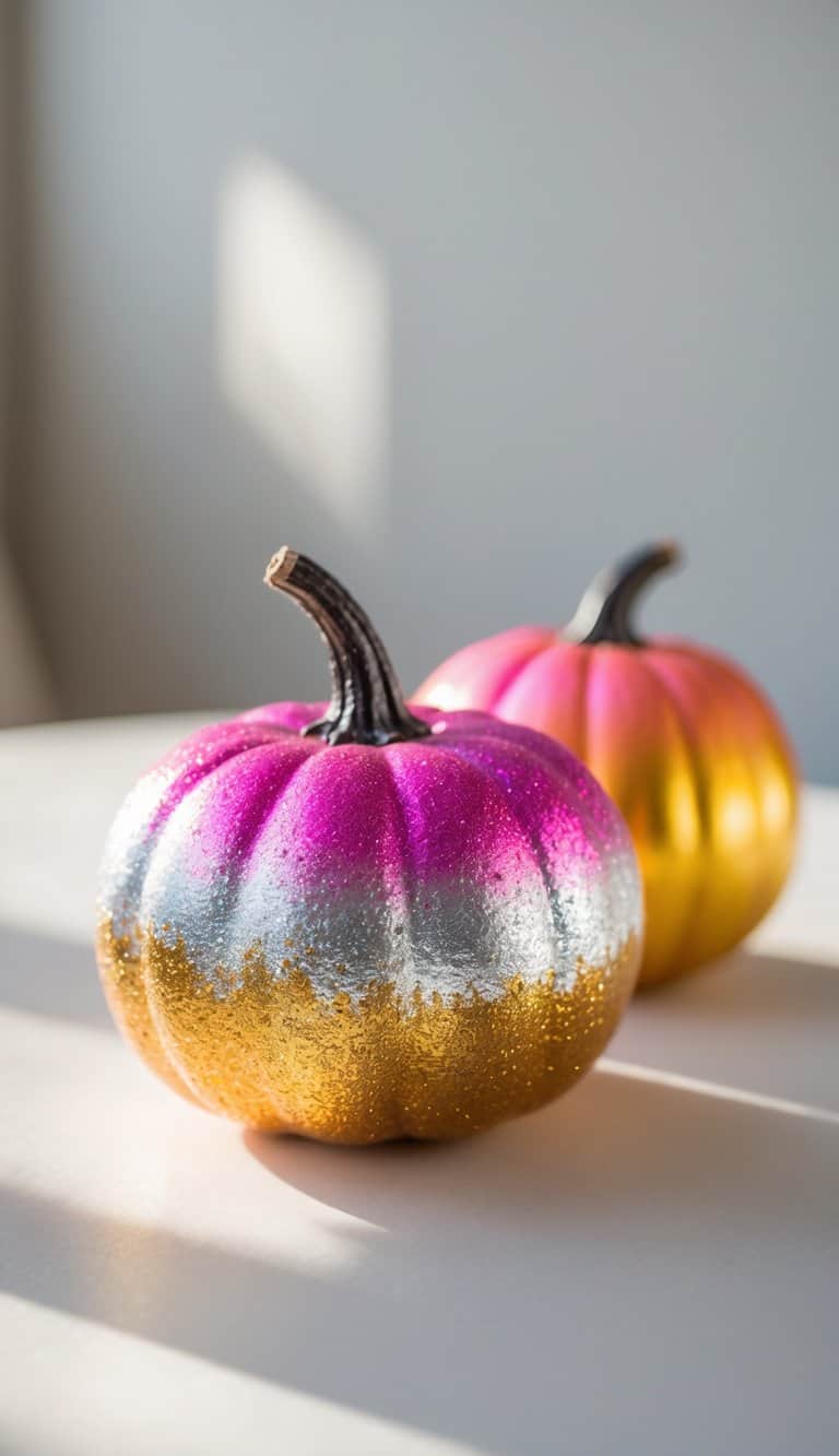 Two decorative pumpkins with metallic ombre paint, blending pink, silver, and gold colors, sit on a light surface in bright natural sunlight.