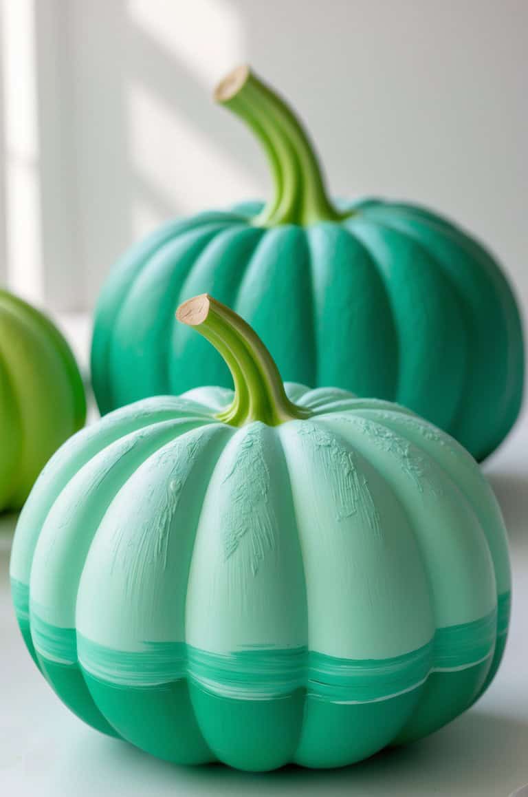Two teal pumpkins with painted stems sit on a white surface, with light streaming in from a window in the background. The pumpkins have a smooth, glossy finish and subtle textural details.