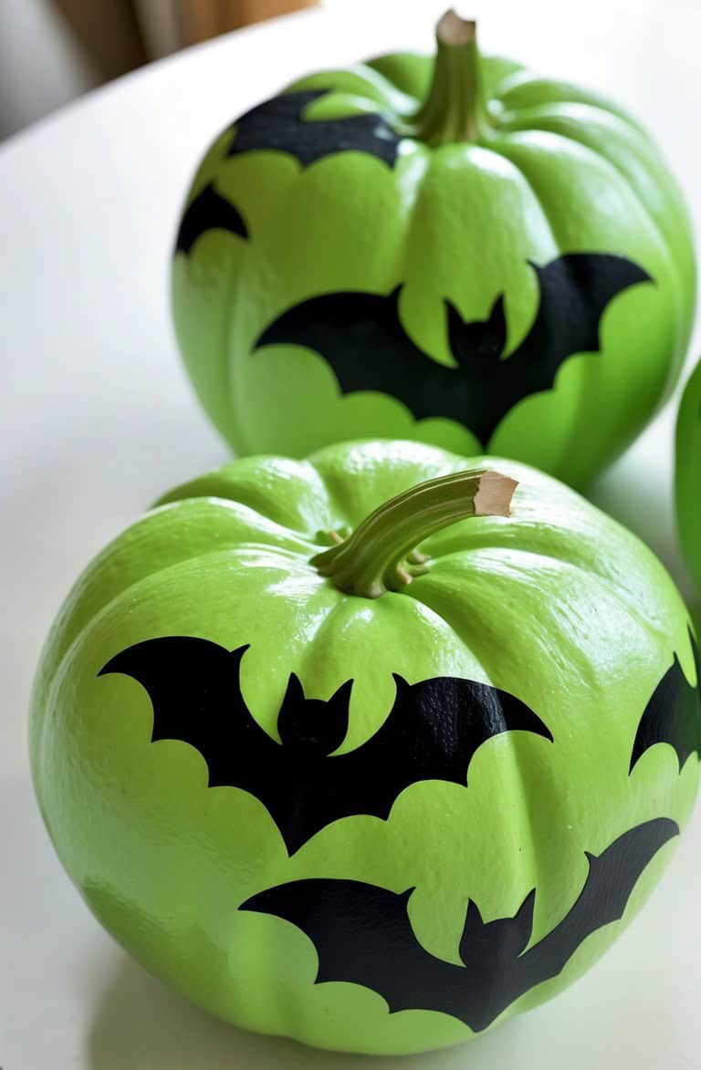Two green pumpkins decorated with black bat silhouettes, sitting on a white surface.