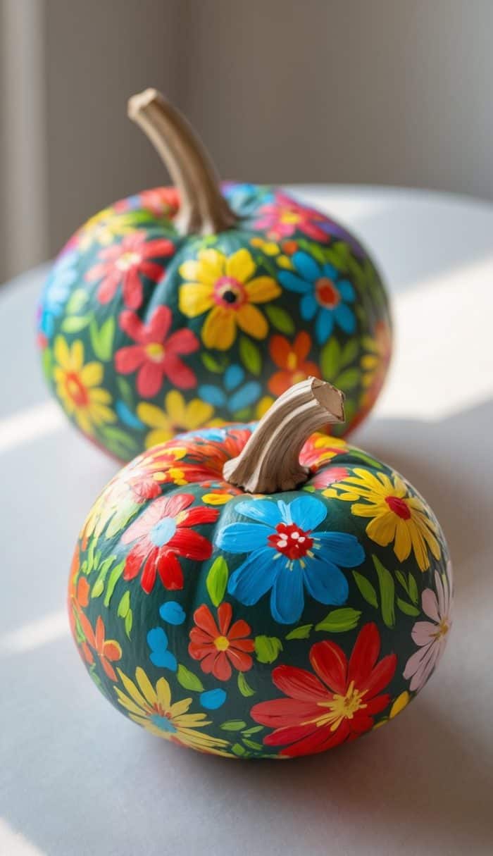 Two pumpkins are painted with vibrant, colorful flowers in red, yellow, blue, and green. They are placed on a white surface with natural light shining on them, creating a cheerful and festive appearance.