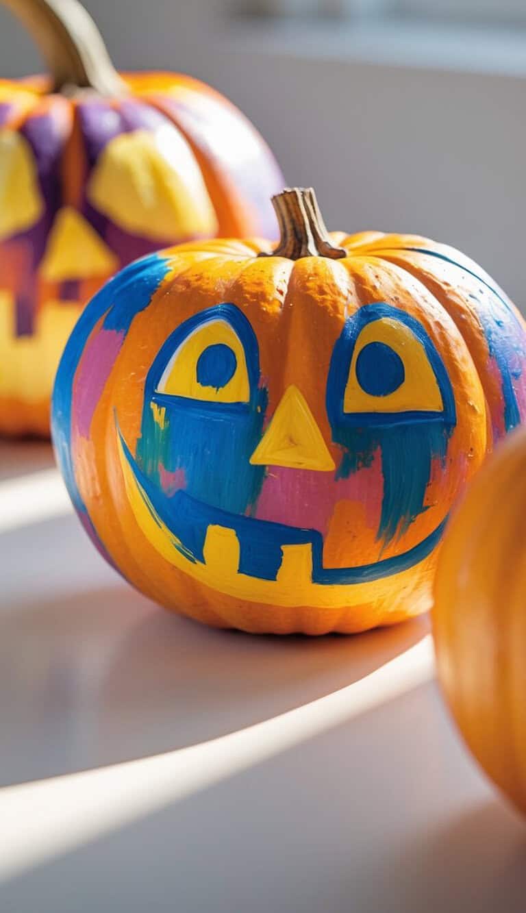 A pumpkin painted with a colorful, cheerful face in blue, orange, and pink sits in sunlight. Another painted pumpkin with a jack-o'-lantern face is blurred in the background.