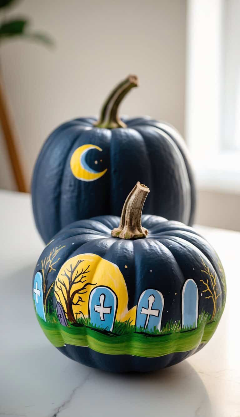 Two dark-painted pumpkins, one featuring a graveyard scene with tombstones, grass, a tree, and a yellow moon, the other with a simple crescent moon. Both are displayed on a white surface indoors.