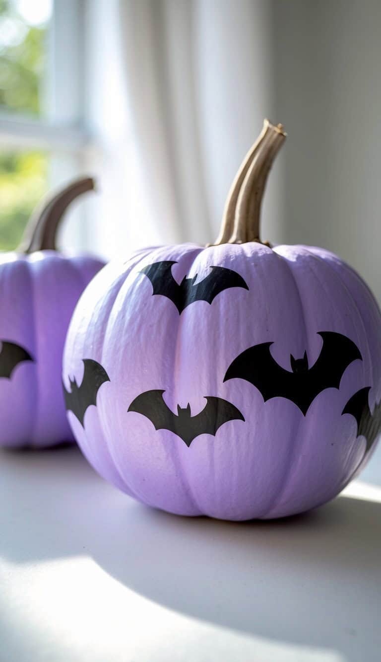 Two light purple pumpkins decorated with black bat cutouts sit on a white surface next to a sunlit window, casting soft shadows in the natural light.