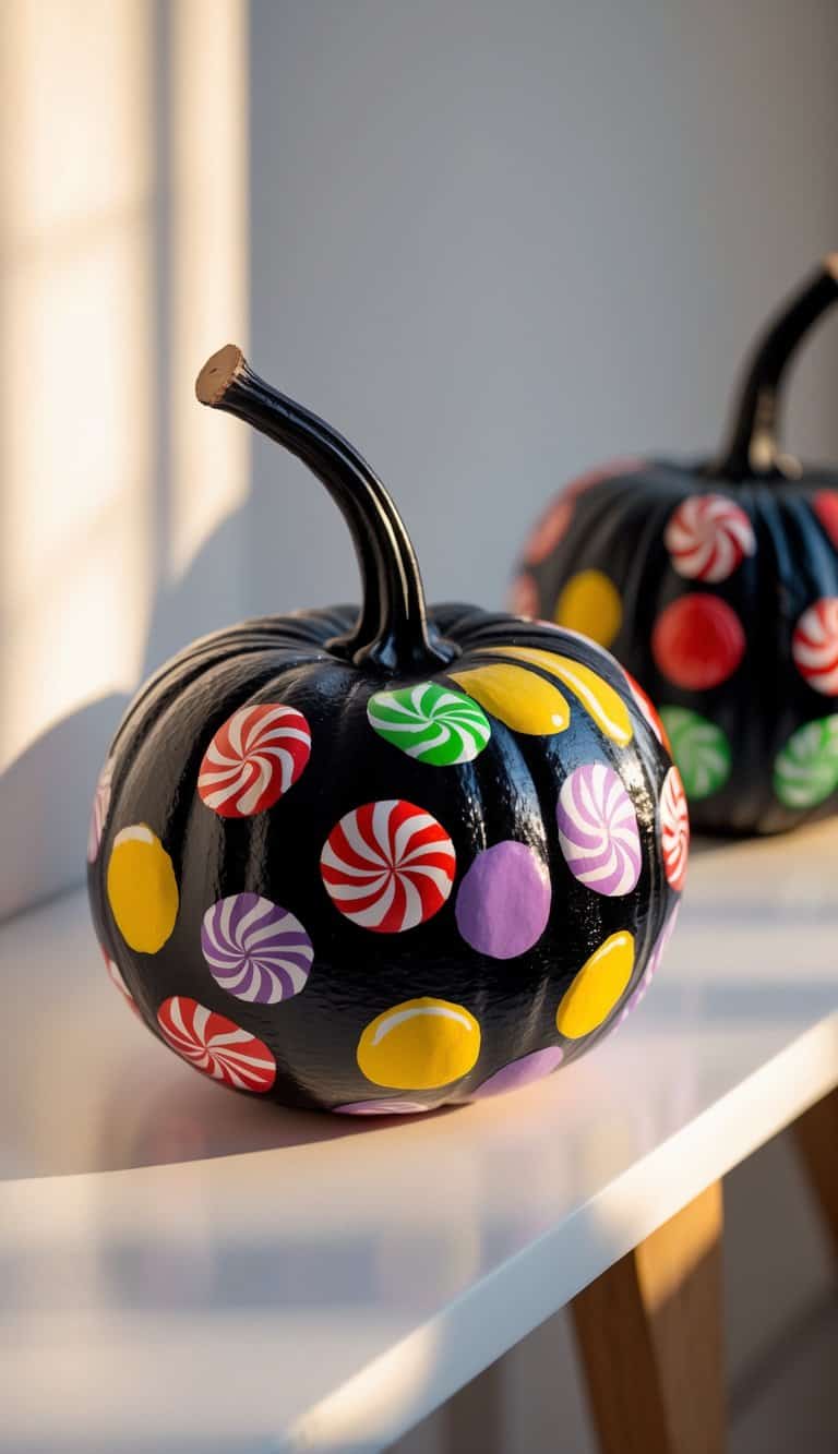 A black pumpkin decorated with colorful candy-shaped designs, including swirls and polka dots, sits on a white surface with another similar pumpkin in the background.