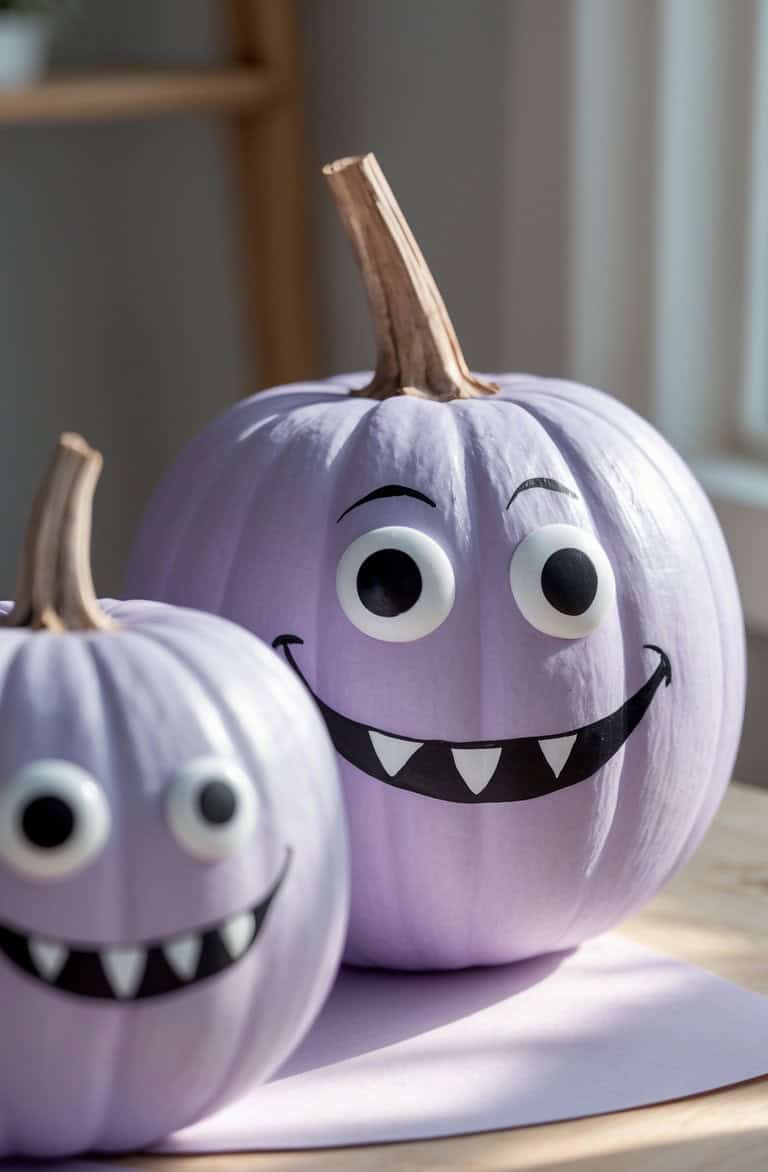 Two light purple pumpkins with big googly eyes, black eyebrows, and wide smiles with pointy vampire fangs are sitting on a table in bright natural light.
