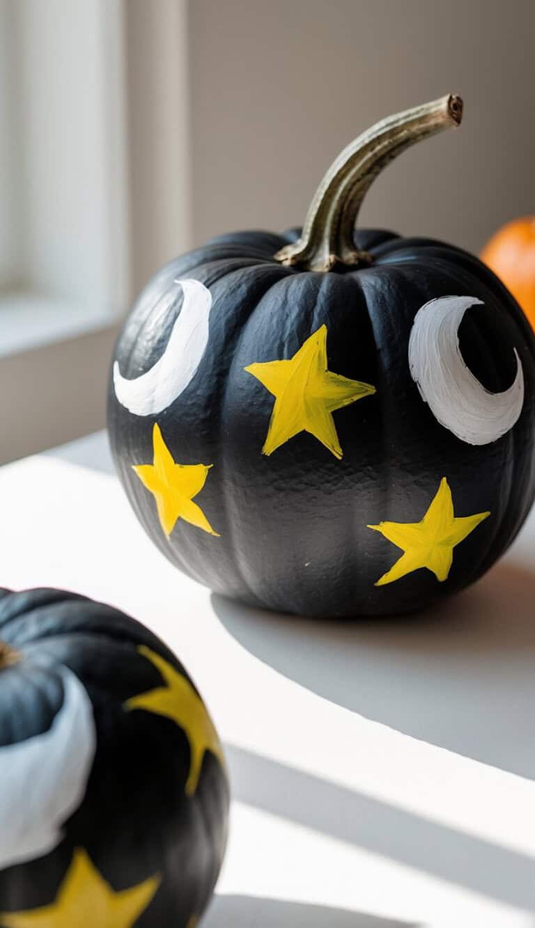 A black-painted pumpkin decorated with yellow stars and white crescent moons, sitting on a white surface with sunlight streaming in from a nearby window.