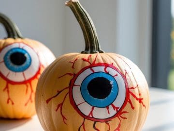 Two pumpkins painted to look like bloodshot eyeballs, with blue irises and red veins, sit on a white surface near a sunlit window.