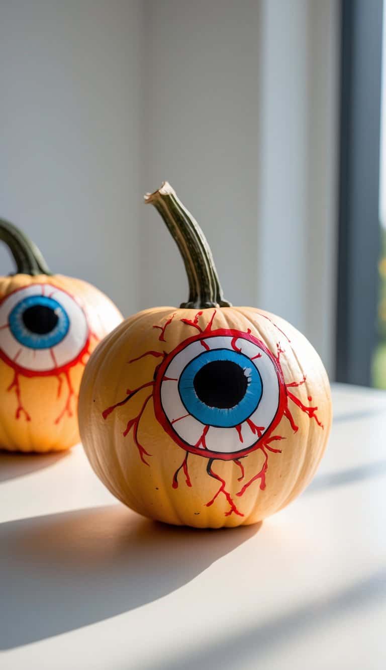 Two pumpkins painted to look like bloodshot eyeballs, with blue irises and red veins, sit on a white surface near a sunlit window.