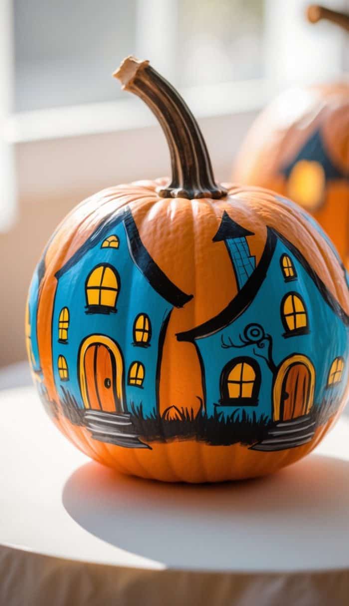 A pumpkin painted with two whimsical blue houses, each with yellow windows and arched doors, sits on a table in bright natural light.