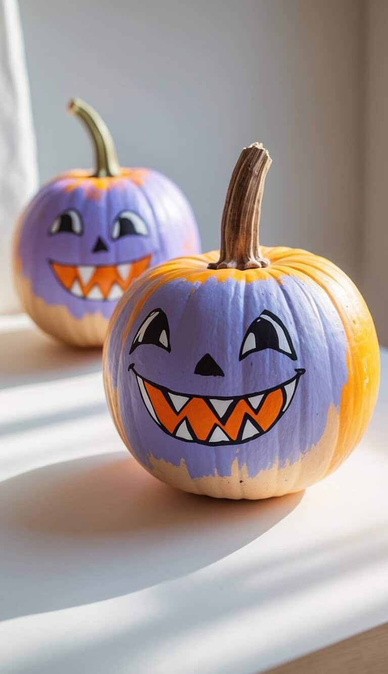 Two pumpkins are painted with purple faces, wide grins, sharp orange and white teeth, and expressive eyes, sitting on a sunlit surface near a window.