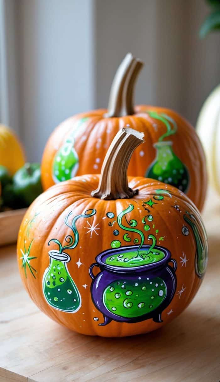 Two pumpkins on a wooden surface, each painted with colorful images of green, bubbling potions in cauldrons and flasks, with whimsical stars and swirls.