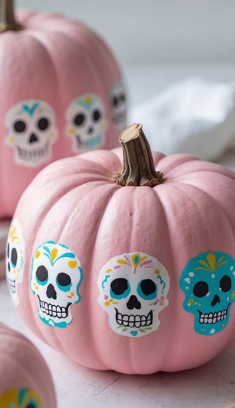 Three pink pumpkins decorated with colorful Day of the Dead sugar skull stickers. The pumpkins have cheerful skull faces with various designs, and they are placed on a light surface.