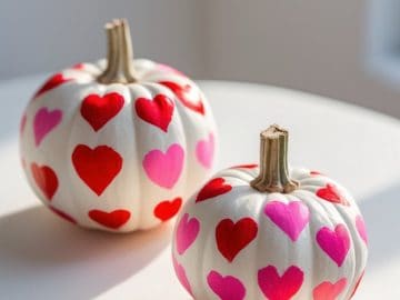 Two white pumpkins decorated with red and pink heart shapes sit on a white round table in bright natural light.
