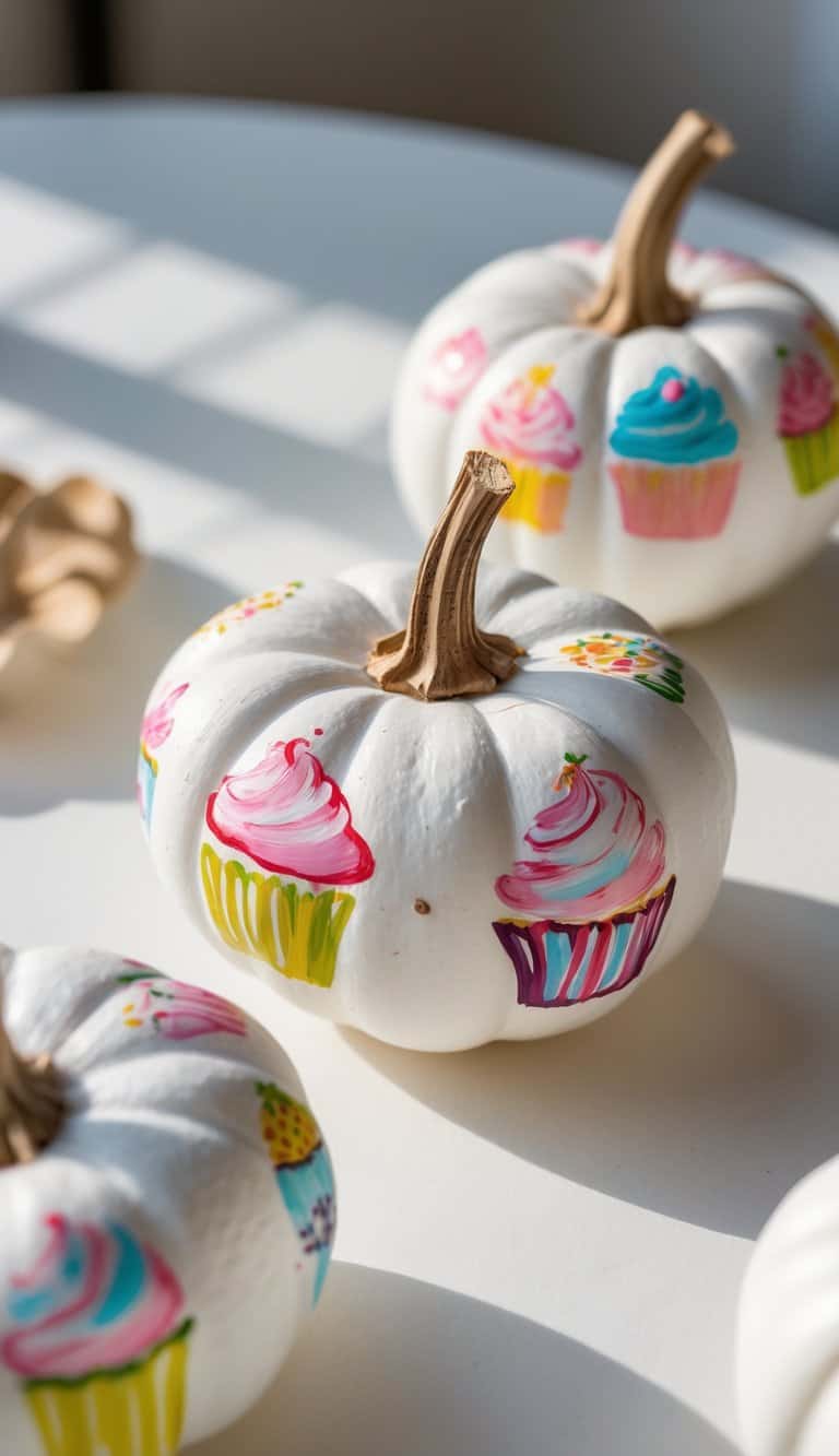 White pumpkins decorated with colorful, hand-painted cupcake designs sit on a white surface in bright natural light.