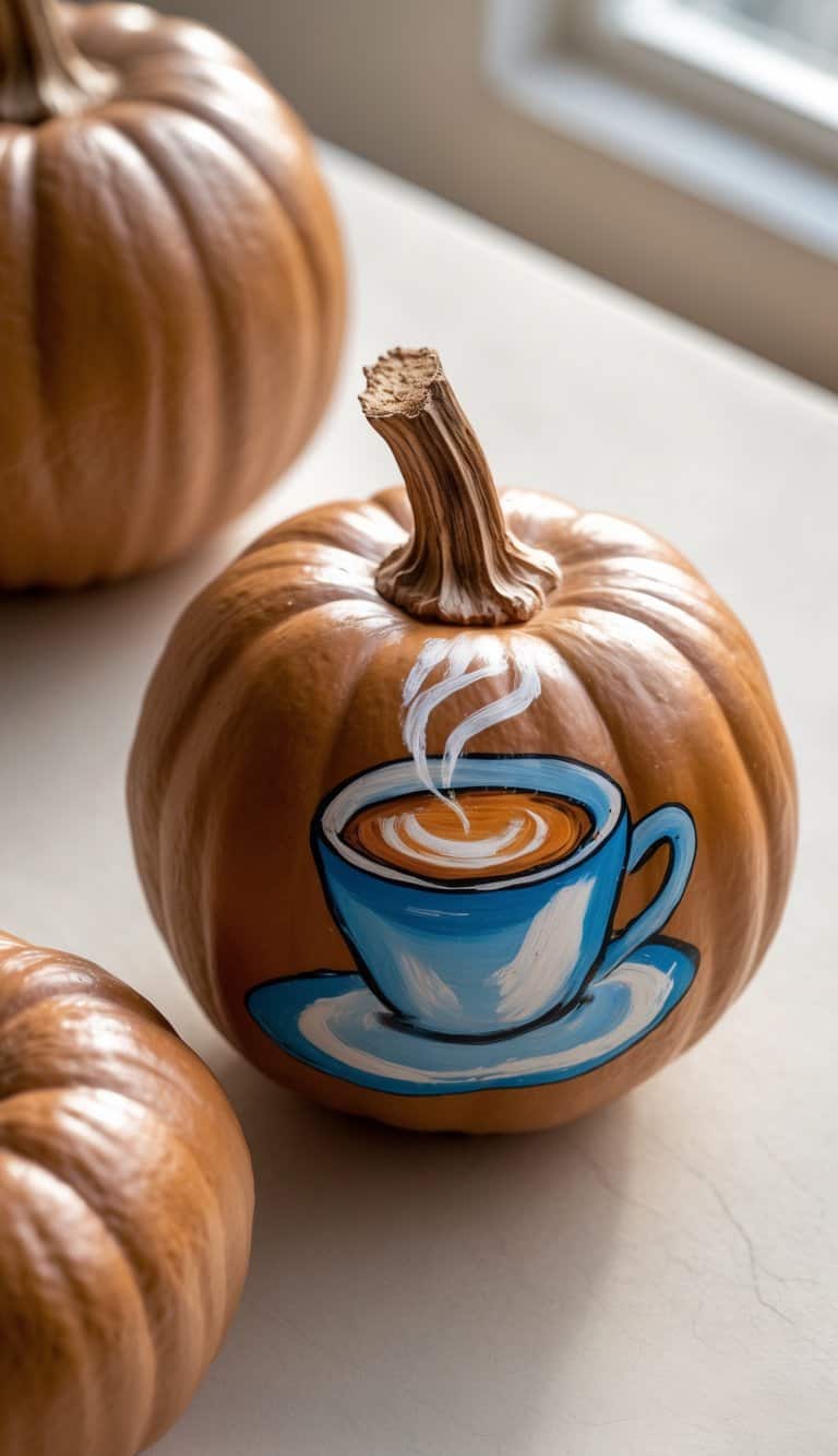 A small pumpkin with a painted blue cup and saucer filled with steaming coffee, placed on a light surface near other pumpkins, with sunlight coming through a window in the background.