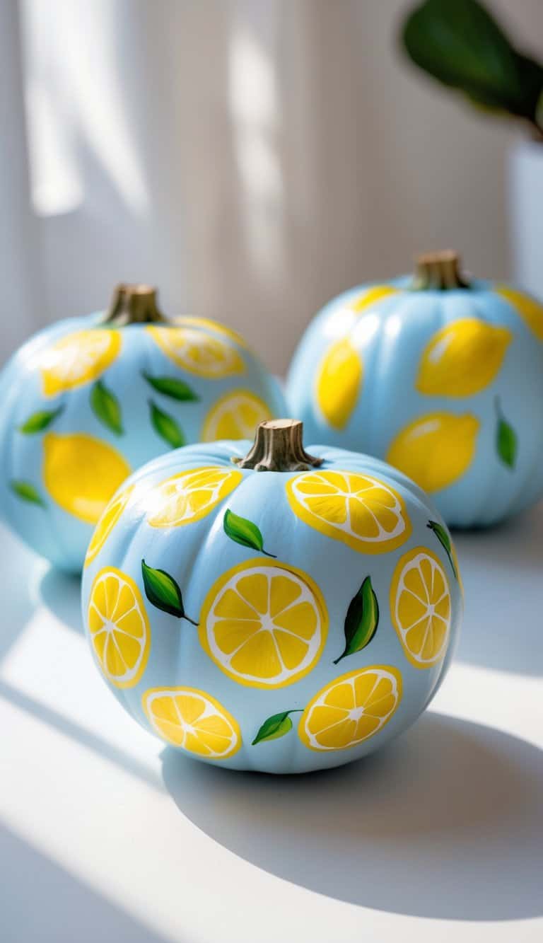 Three light blue pumpkins are painted with bright yellow lemon slices and green leaves, arranged on a white surface in soft natural light.