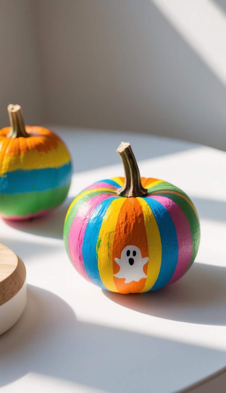 Two pumpkins painted with bright rainbow stripes sit on a white table in sunlight. One pumpkin features a small white ghost decal on its front.