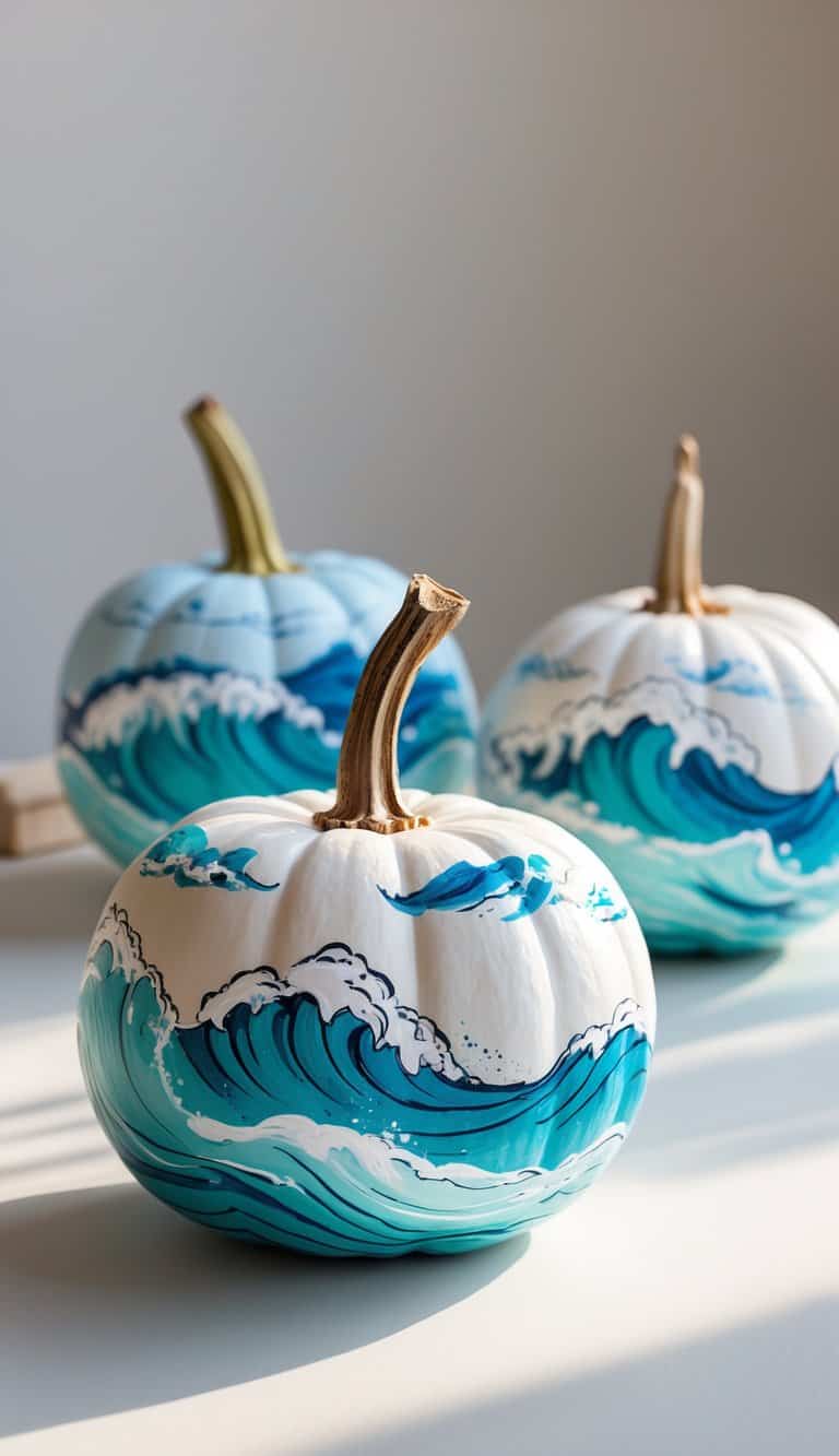 Three white pumpkins painted with blue ocean waves sit on a light surface in bright natural light, blending autumn and marine themes in a creative display.