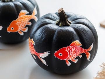 Two black pumpkins sit on a white surface, each decorated with painted orange and white koi fish. Some dried beige grasses are visible in the foreground.