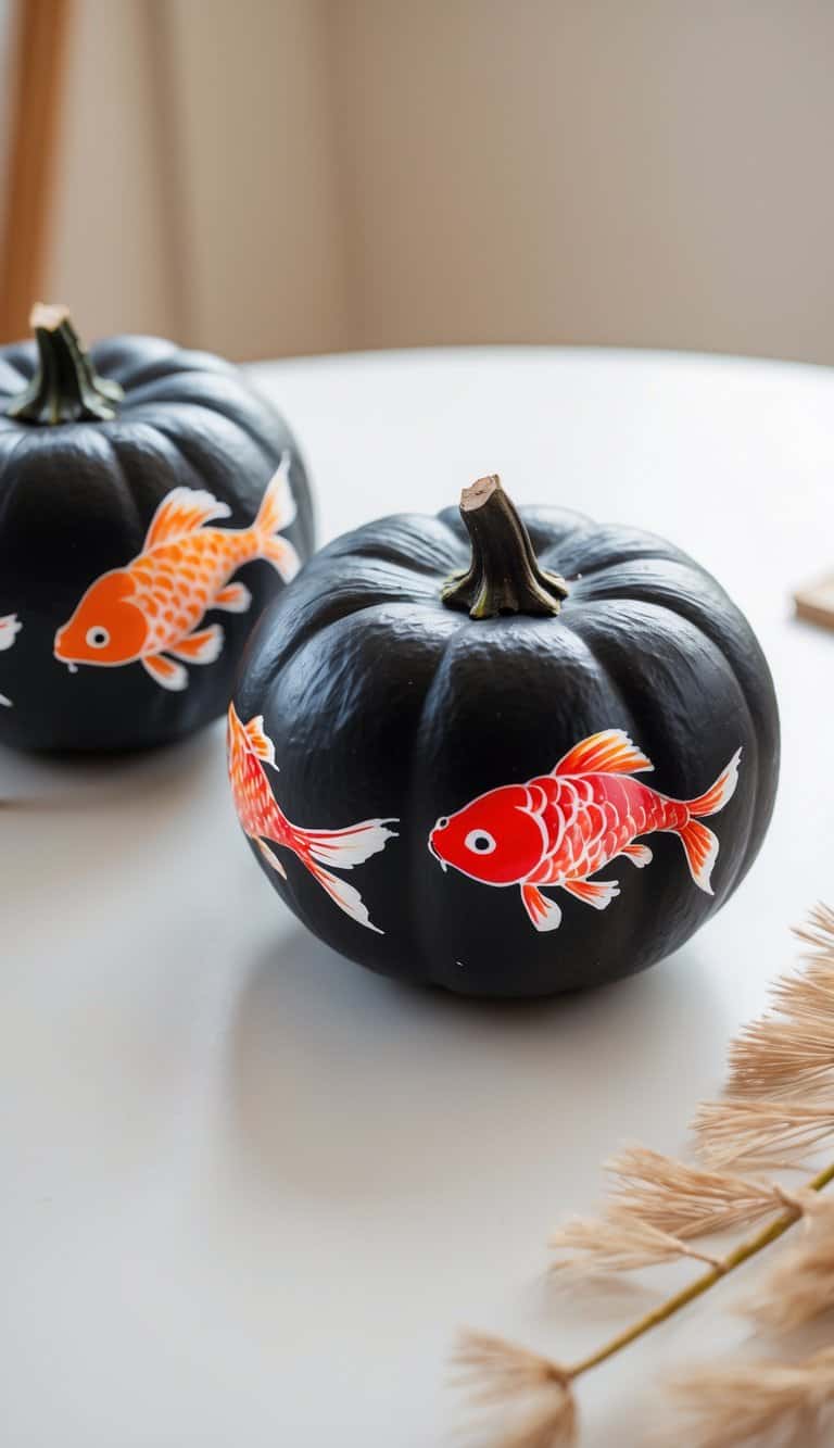 Two black pumpkins sit on a white surface, each decorated with painted orange and white koi fish. Some dried beige grasses are visible in the foreground.