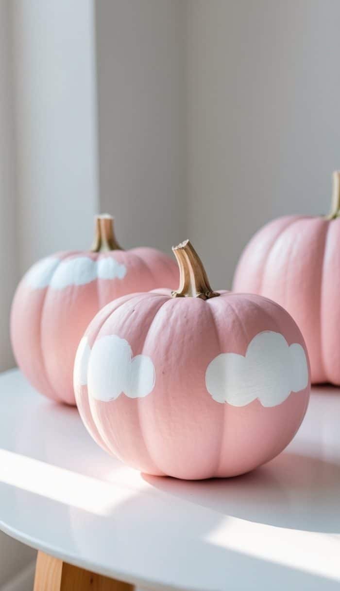 Three pink pumpkins with white cloud designs painted on them are displayed on a white surface in a brightly lit room.